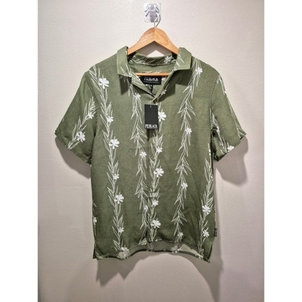 Mens Olive Green Floral Print Short Sleeve Button Up Shirt Medium